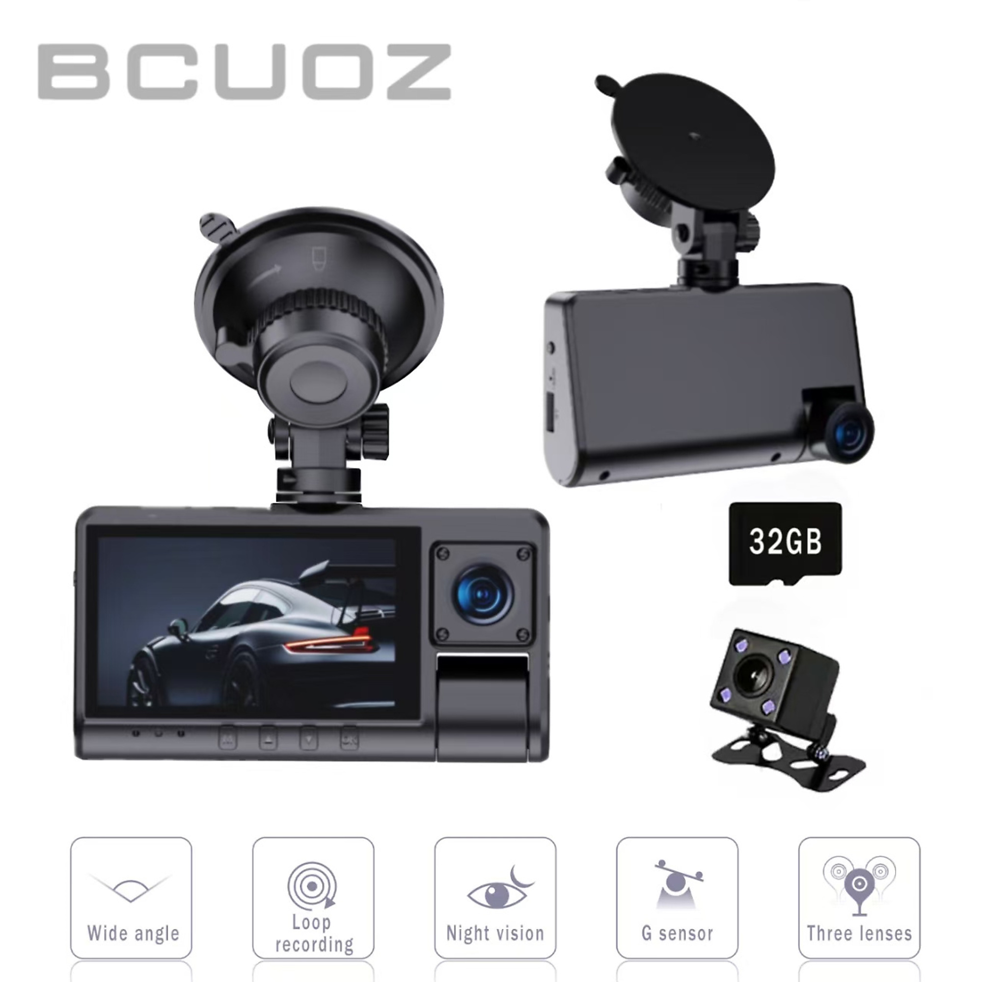BlackTeck 3-Lens 1080P Dash Cam — Front, Rear & Inside Coverage, 3.0in. LCD, Night Vision, Wide-Angle, Loop Recording, Model# NTE-M18-32G-3